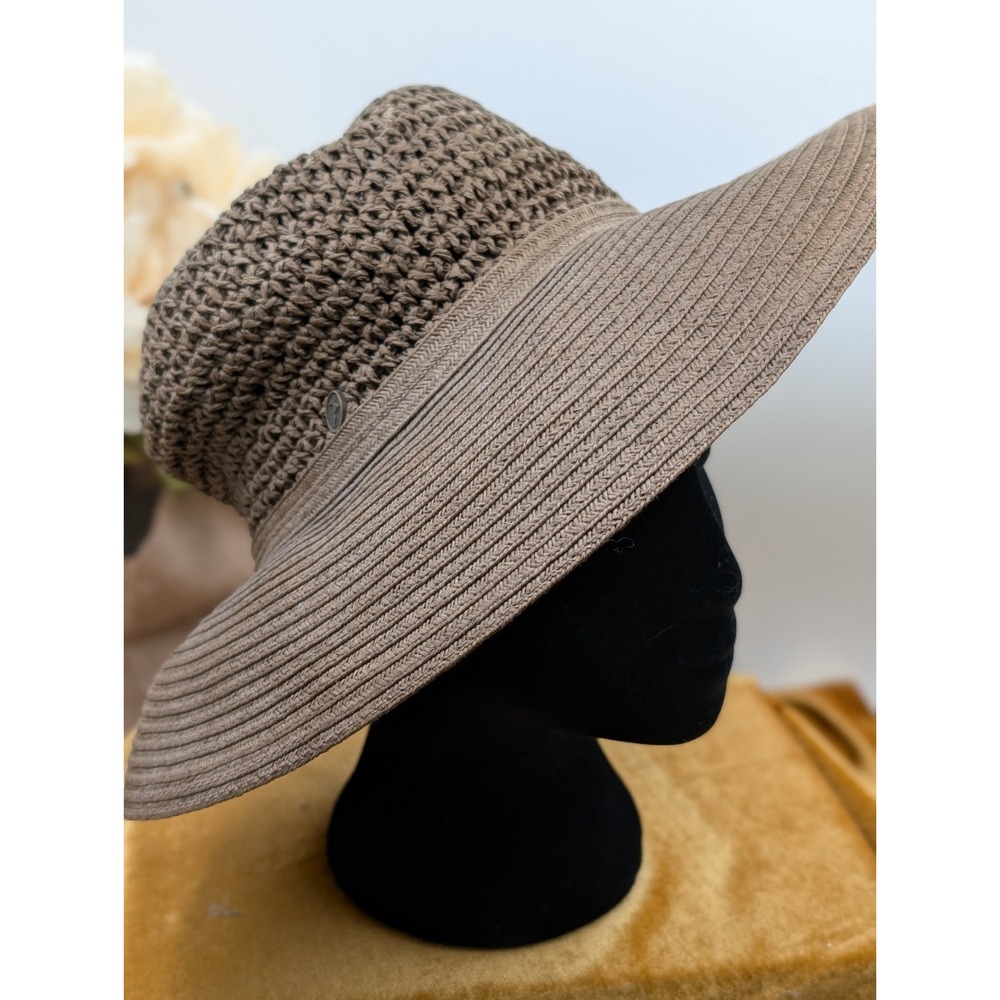 Taupe Wide Brim Sun Hat Crocheted Crown Ribbed Straw Floppy Beach Hat